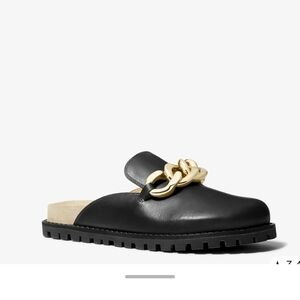 Michael Michael Kors Scarlett Black Leather Clogs Mules with Gold Chain Size 7